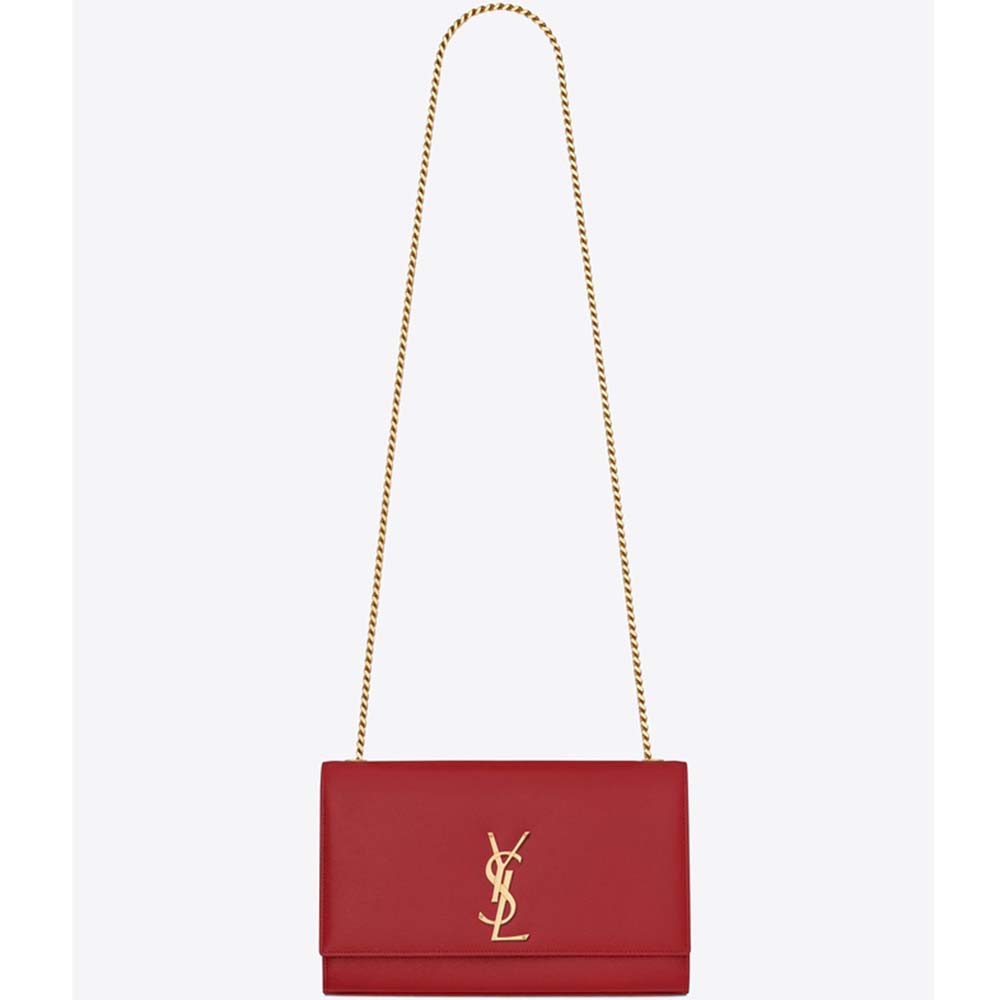 Front view of Saint Laurent YSL Women Kate Medium Grain De Poudre Embossed-Red bag