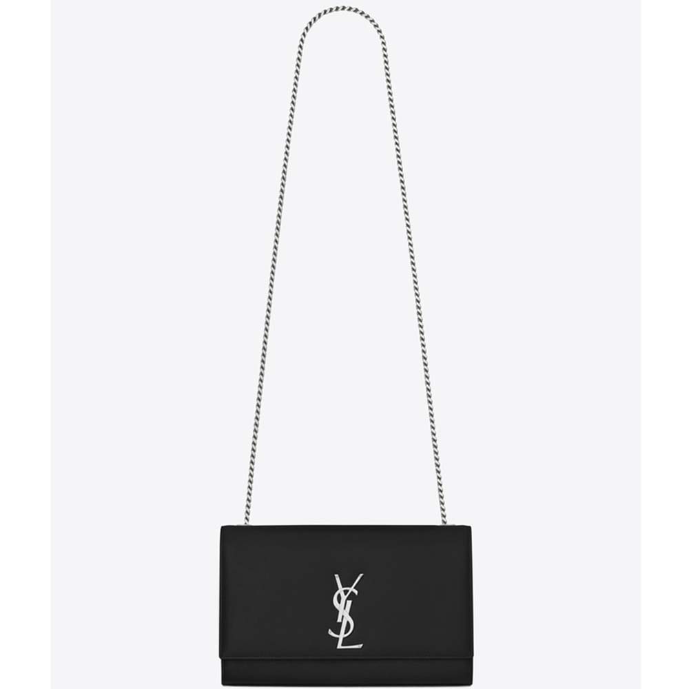 Front view of Saint Laurent YSL Women Kate Medium Grain De Poudre Embossed-Silver bag
