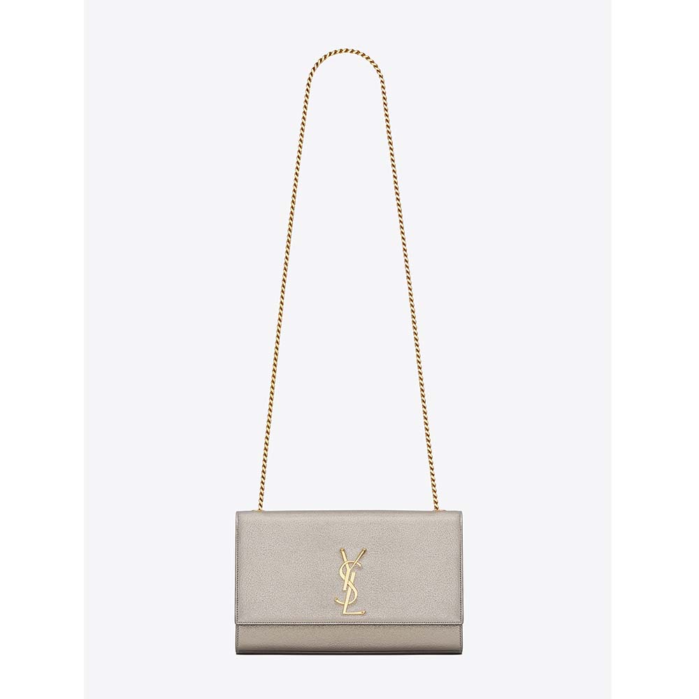 Front view of Saint Laurent YSL Women Kate Medium Grained Metallic Leather-Silver bag
