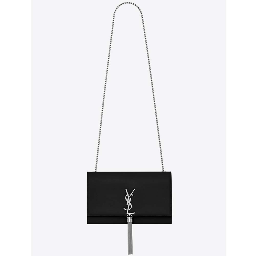 Front view of Saint Laurent YSL Women Kate Medium Tassel Grain De Poudre Embossed black bag