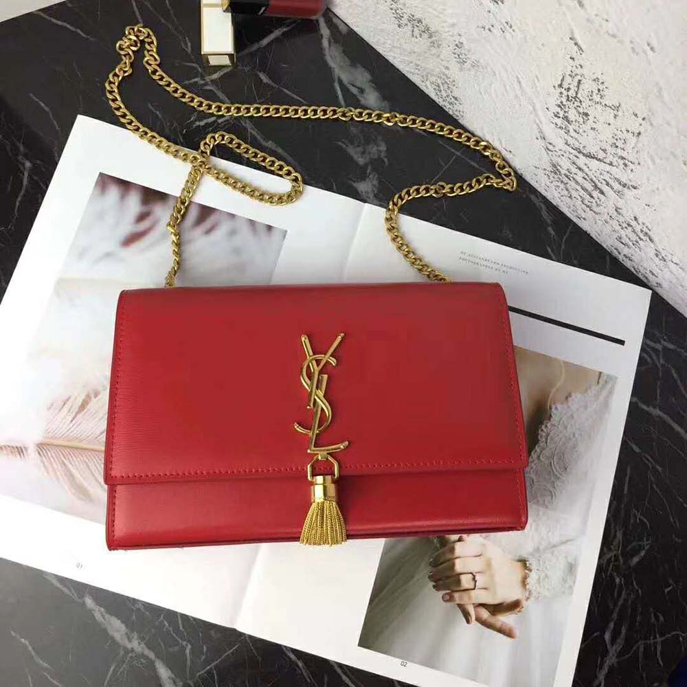 Side angle showing smooth red leather texture of Saint Laurent Kate bag