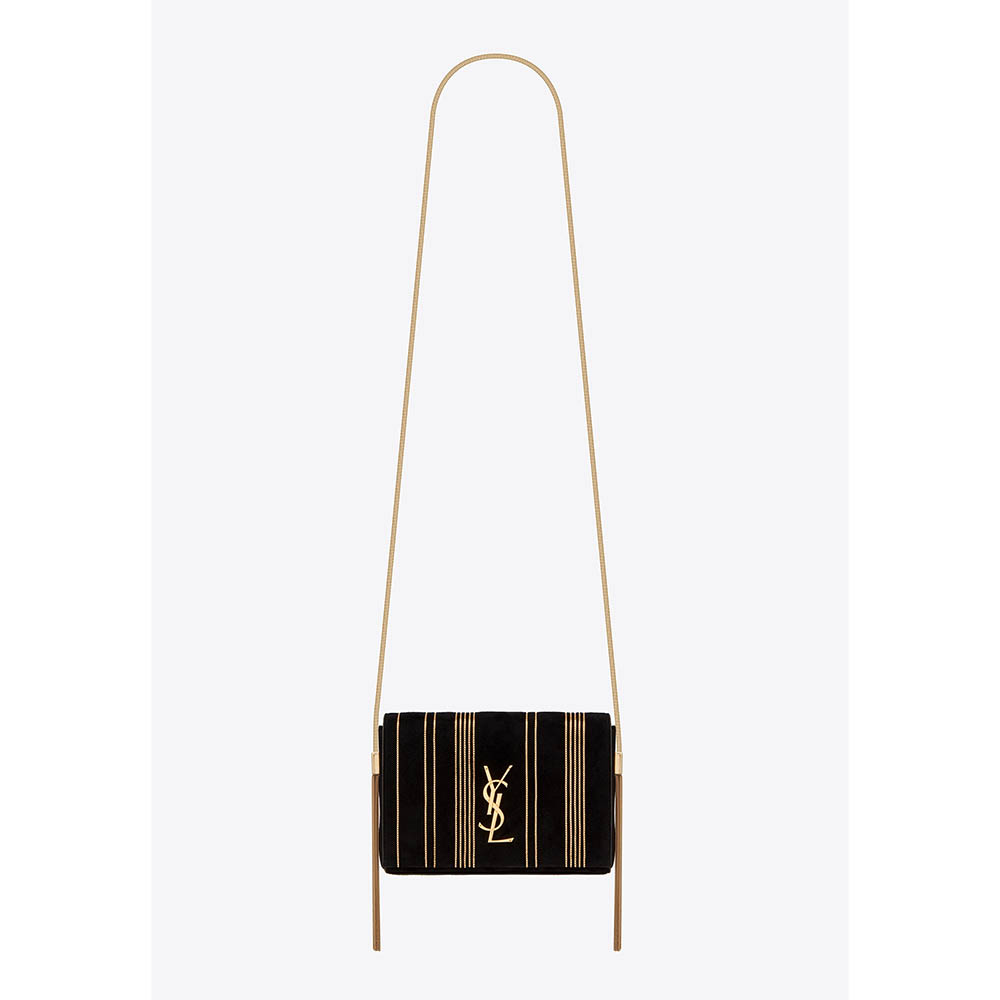 Front view of Saint Laurent YSL Women Kate Small Suede with Chains-Black