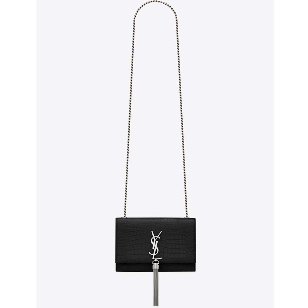 Front view of Saint Laurent YSL Women Kate Small Tassel Crocodile Embossed Leather-Black