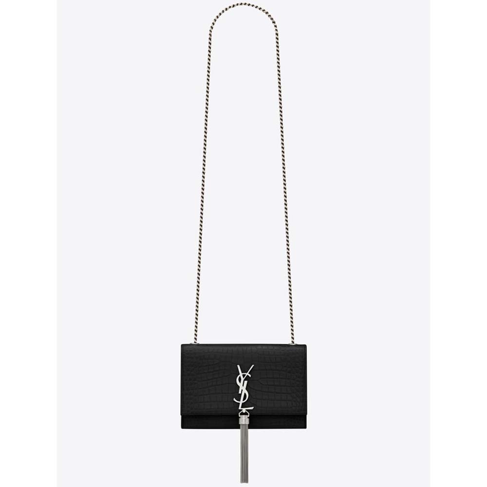 Front view of Saint Laurent YSL Women Kate Small Tassel Bag in black