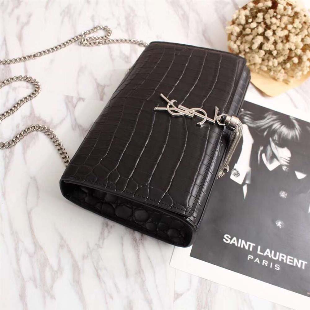 Saint Laurent YSL Women Kate Small Tassel Embossed Crocodile Shiny Calfskin-Black - image 4