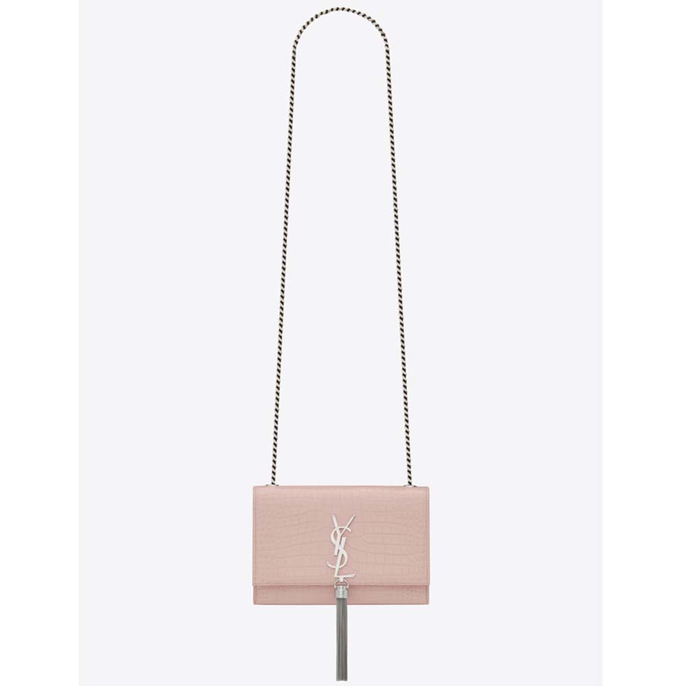Front view of Saint Laurent YSL Women Kate Small Tassel Embossed Crocodile Shiny Calfskin-Pink