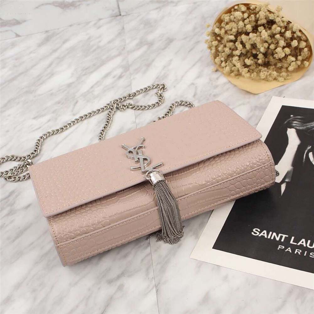 Saint Laurent YSL Women Kate Small Tassel Embossed Crocodile Shiny Calfskin-Pink - image 4