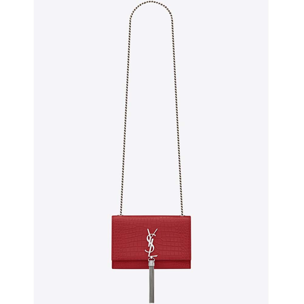 Front view of Saint Laurent YSL Women Kate Small Tassel embossed crocodile bag red