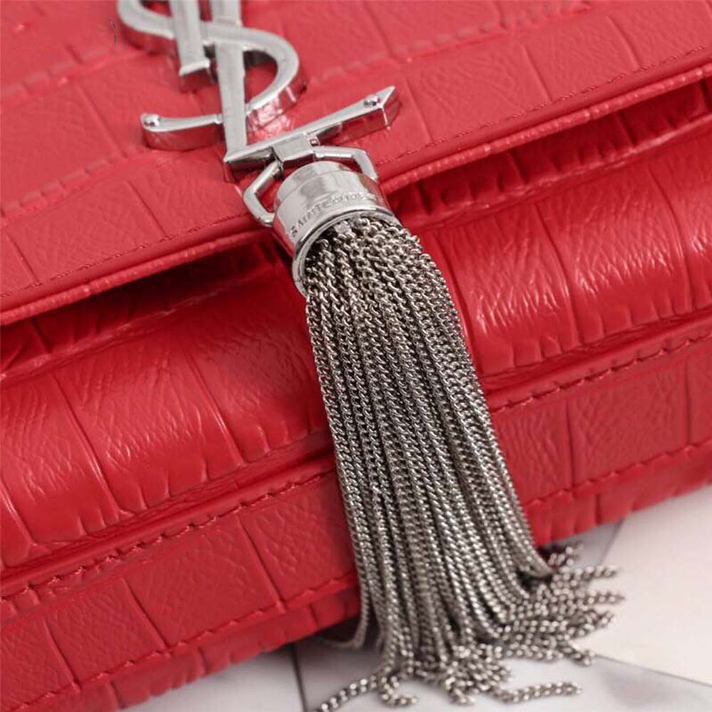 Saint Laurent YSL Women Kate Small Tassel Embossed Crocodile Shiny Calfskin-Red - image 8
