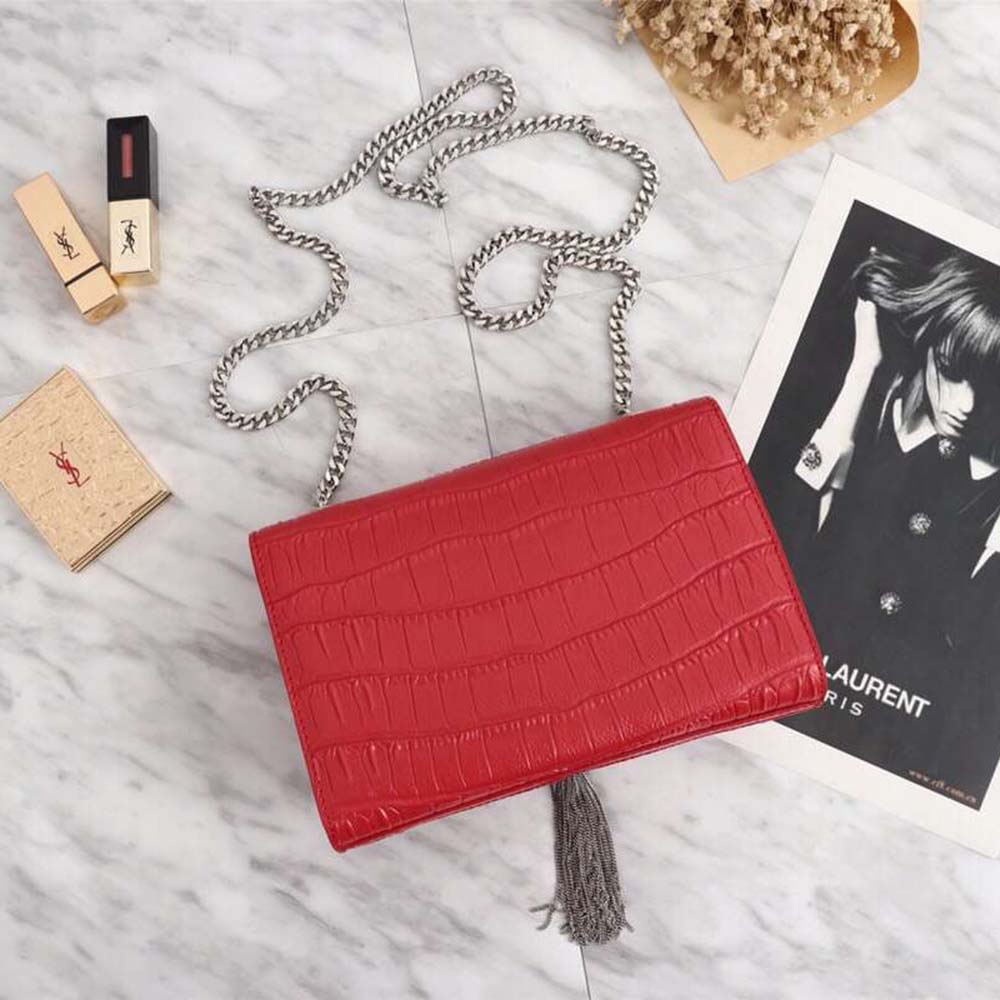 Saint Laurent YSL Women Kate Small Tassel Embossed Crocodile Shiny Calfskin-Red - image 5