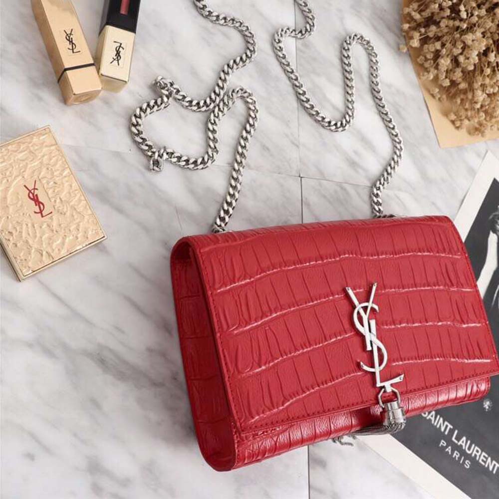 Saint Laurent YSL Women Kate Small Tassel Embossed Crocodile Shiny Calfskin-Red - image 4