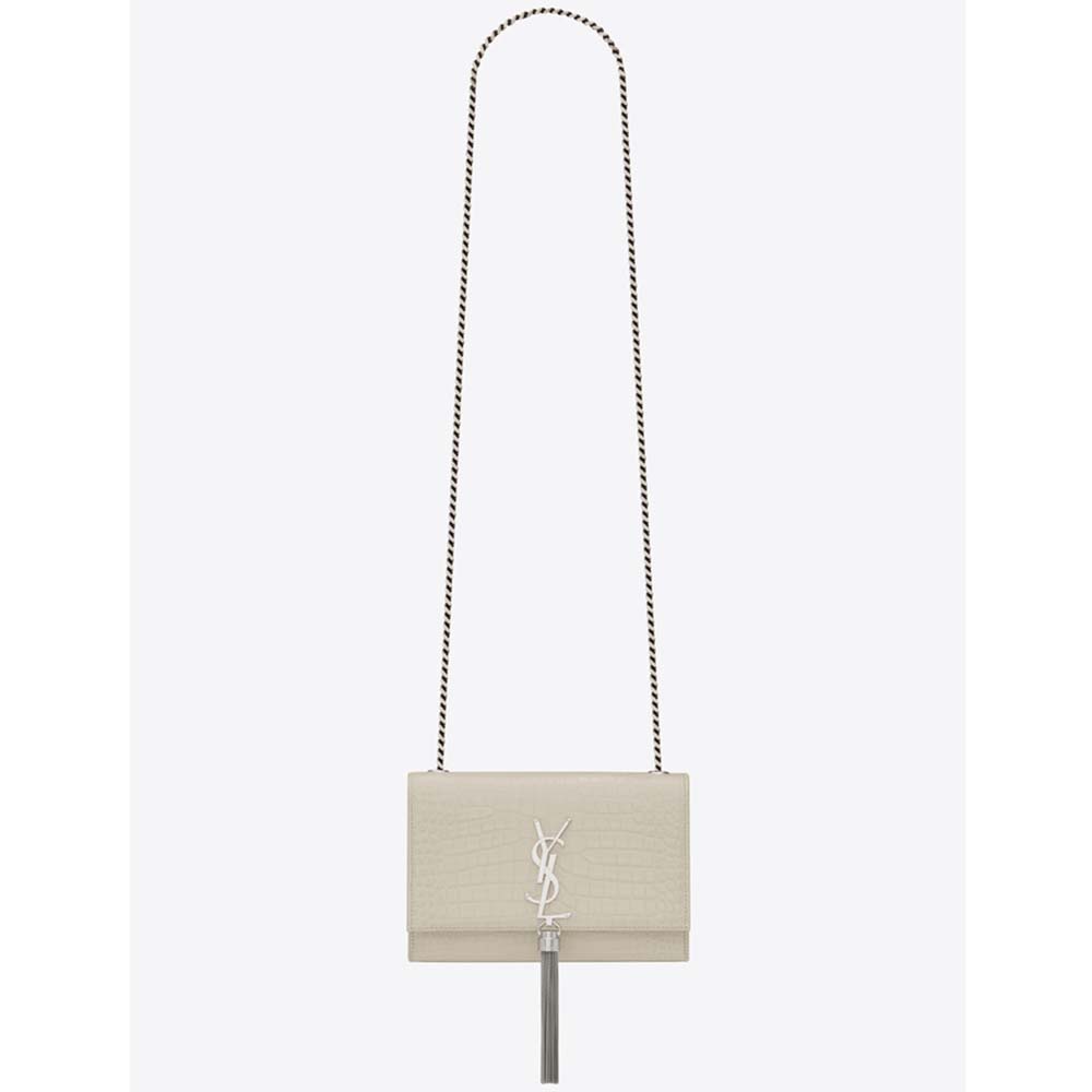 Front view of Saint Laurent YSL Women Kate Small Tassel embossed crocodile bag