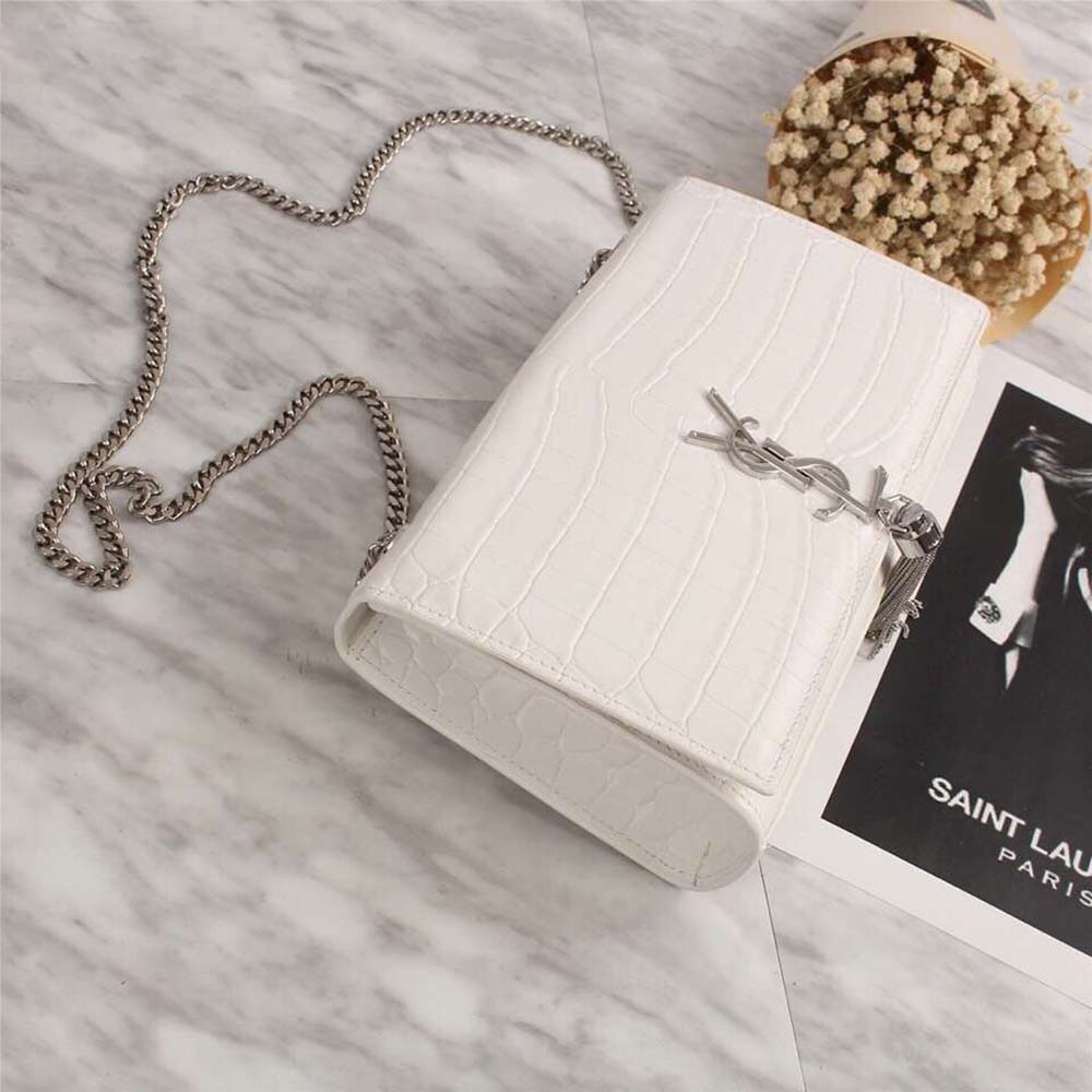 Saint Laurent YSL Women Kate Small Tassel Embossed Crocodile Shiny Calfskin-White - image 4