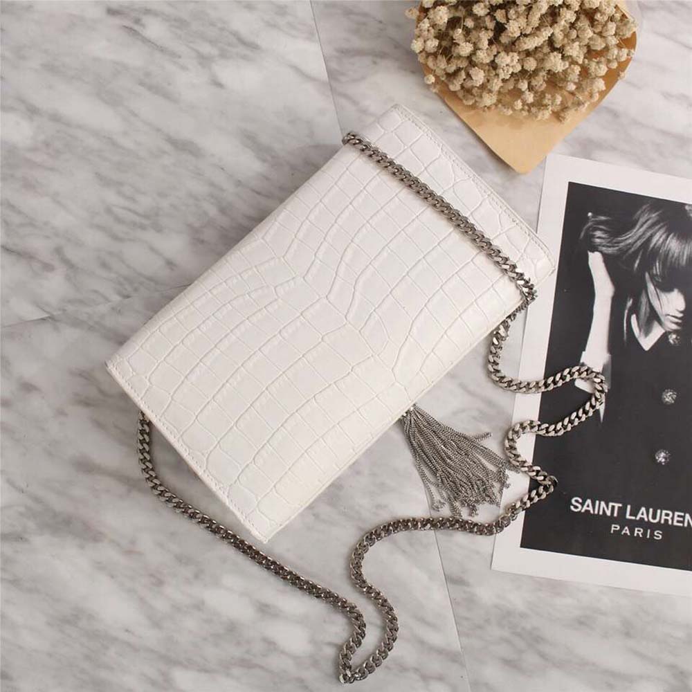 Saint Laurent YSL Women Kate Small Tassel Embossed Crocodile Shiny Calfskin-White - image 5
