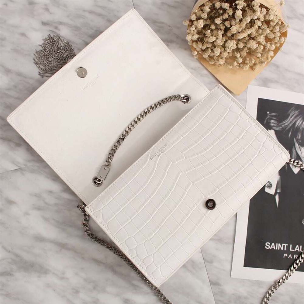 Saint Laurent YSL Women Kate Small Tassel Embossed Crocodile Shiny Calfskin-White - image 6