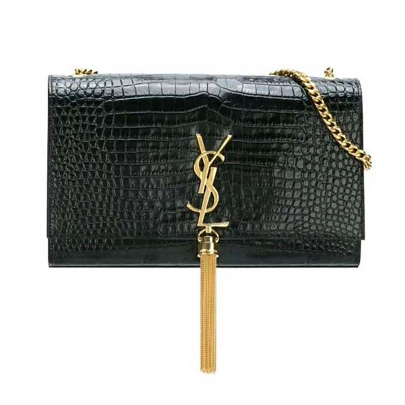 Saint Laurent YSL Women Kate Small Tassel Embossed Crocodile Shiny-Gold front view