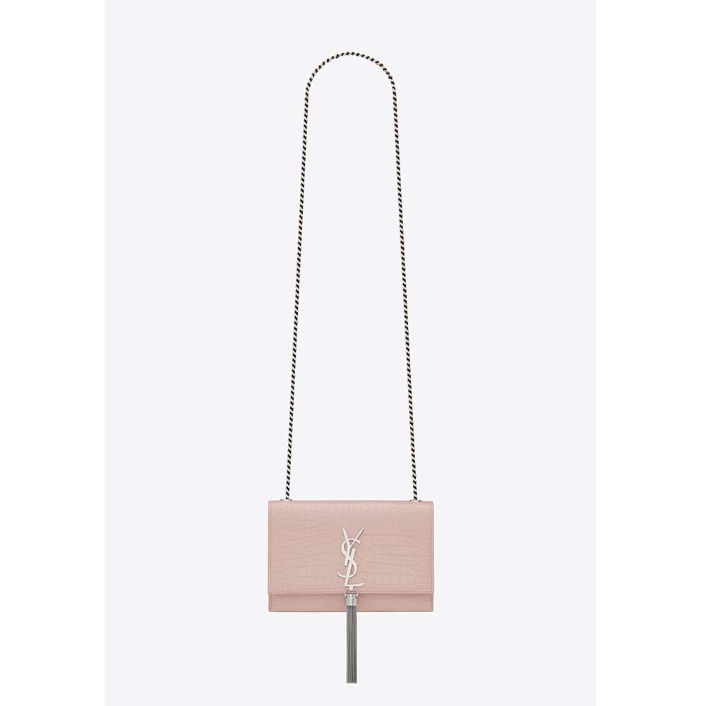 Front view of Saint Laurent YSL Women Kate Small Tassel Embossed Crocodile Shiny-Pink bag