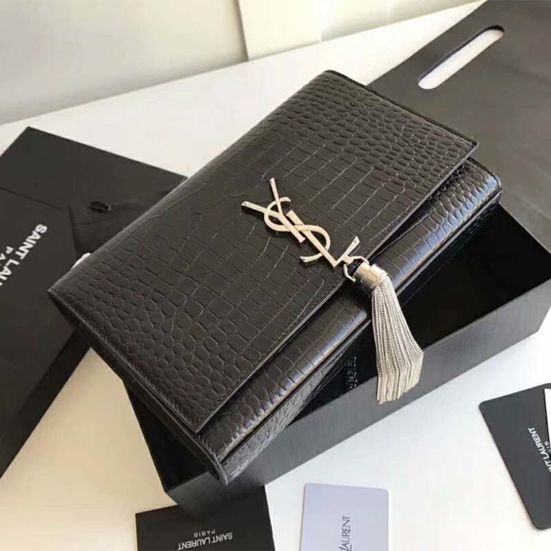 Close-up of shiny silver YSL hardware and tassel on Saint Laurent YSL Women Kate Small Tassel