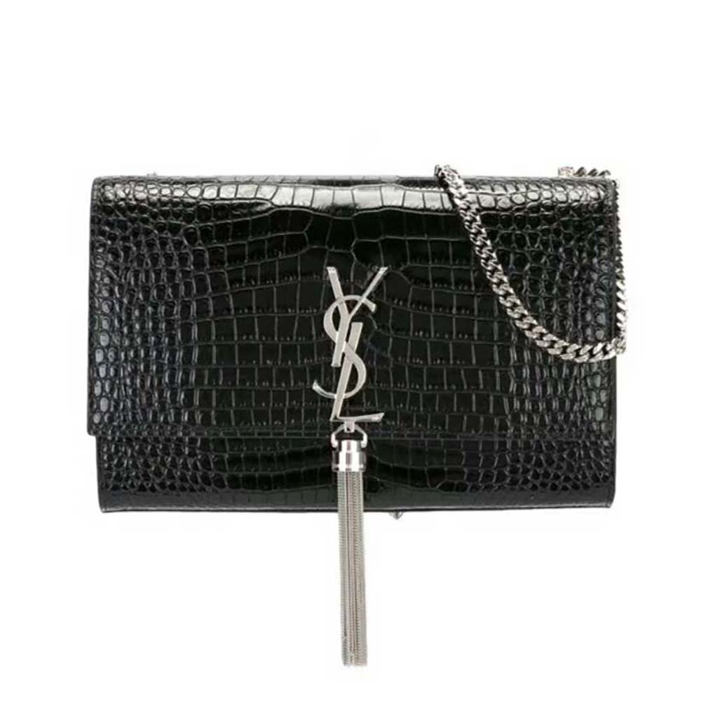 Front view of Saint Laurent YSL Women Kate Small Tassel Embossed Crocodile Shiny-Silver bag