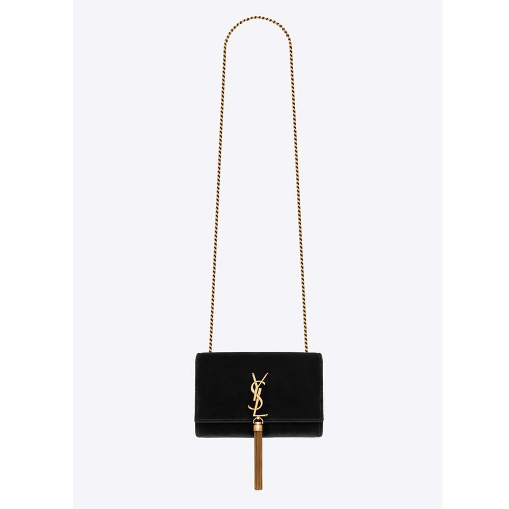 Front view of Saint Laurent YSL Women Kate Small with Tassel Velvet-Black