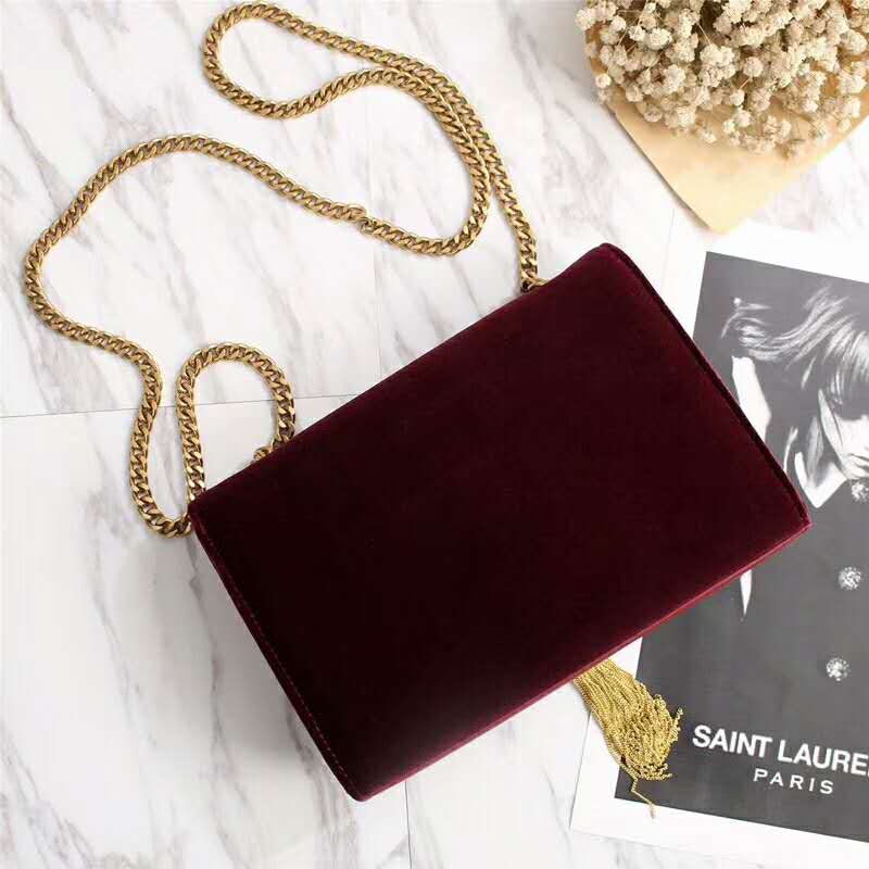 Side profile showing silhouette of Saint Laurent YSL Women Kate Small with Tassel Velvet-Maroon