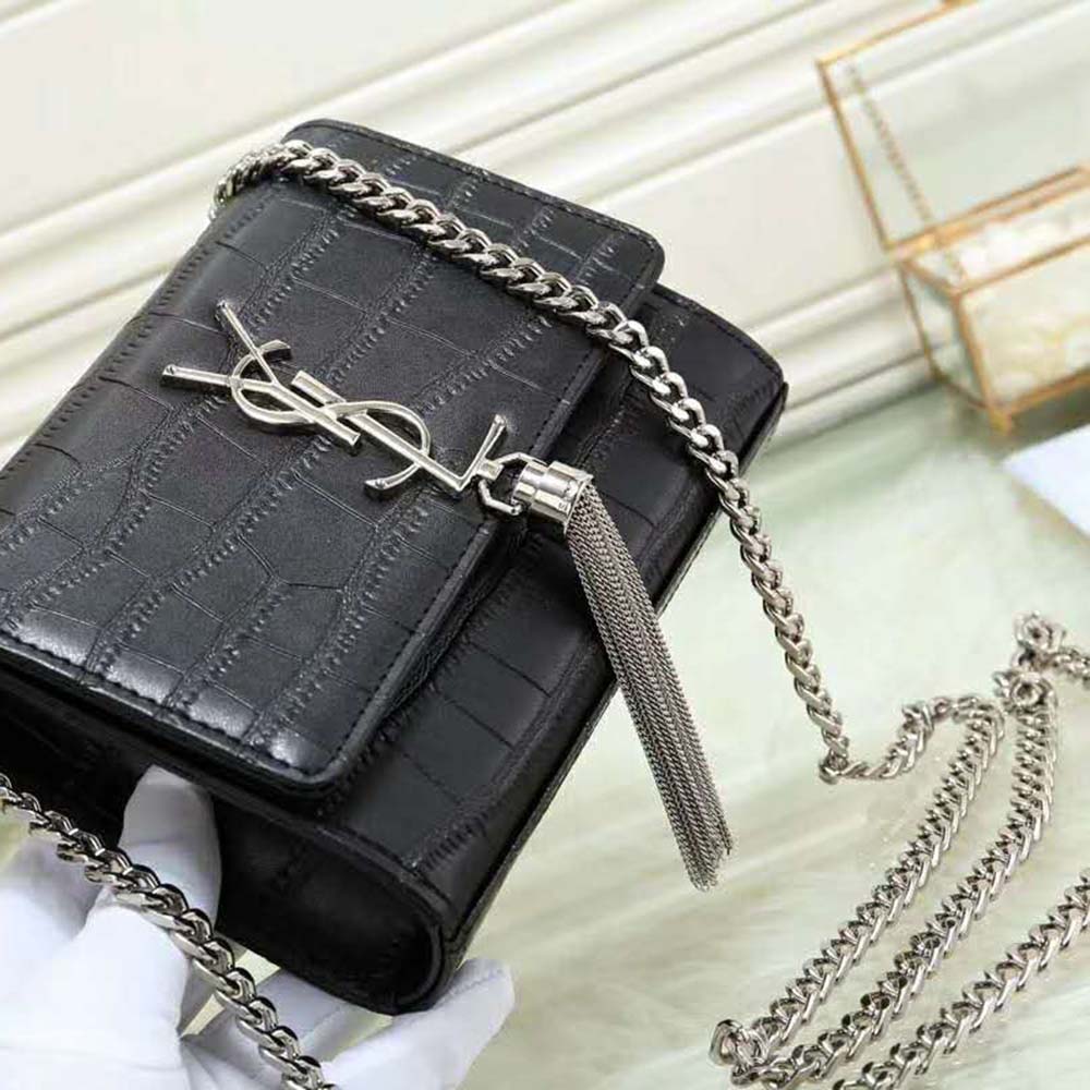 Saint Laurent YSL Women Kate Tassel Chain Wallet Crocodile Embossed-Black - image 6