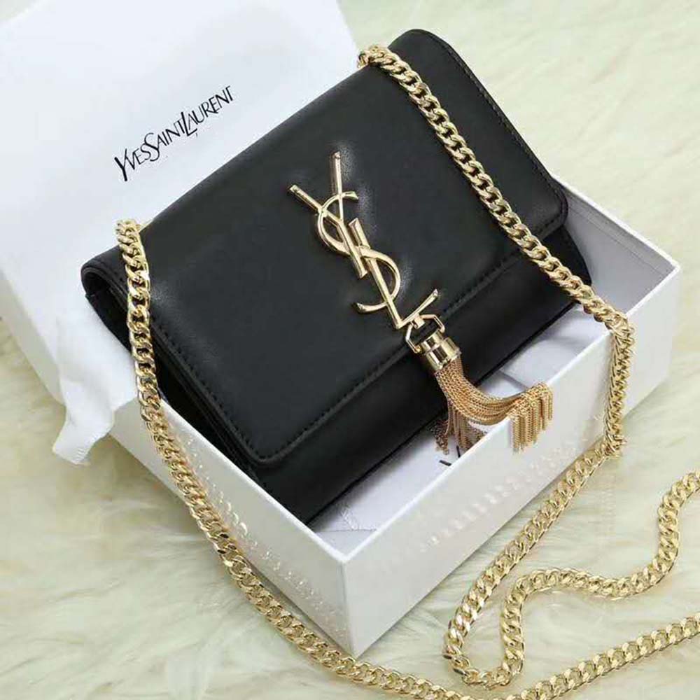 Side angle showing chain strap and sleek silhouette of Saint Laurent YSL chain wallet