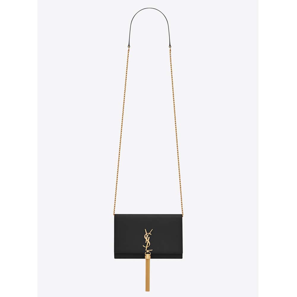 Front view of Saint Laurent YSL Women Kate Tassel Chain Wallet Smooth Leather in black