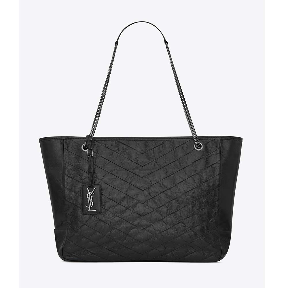 Front view of Saint Laurent YSL Women Large Niki Shopping Bag Crinkled Quilted in black