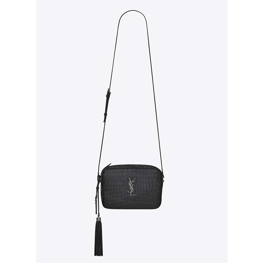 Front view of Saint Laurent YSL Women Lou Camera Bag Crocodile Embossed Leather