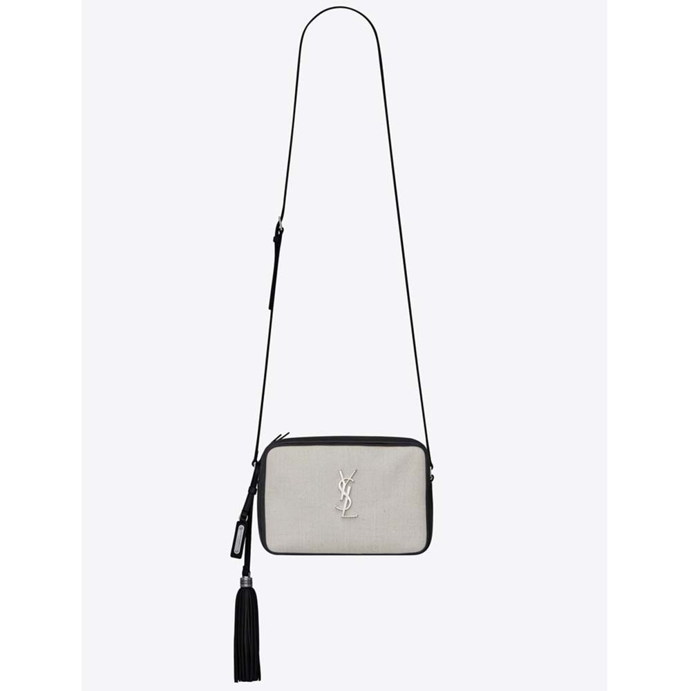 Front view of Saint Laurent YSL Women Lou Camera Bag linen canvas white