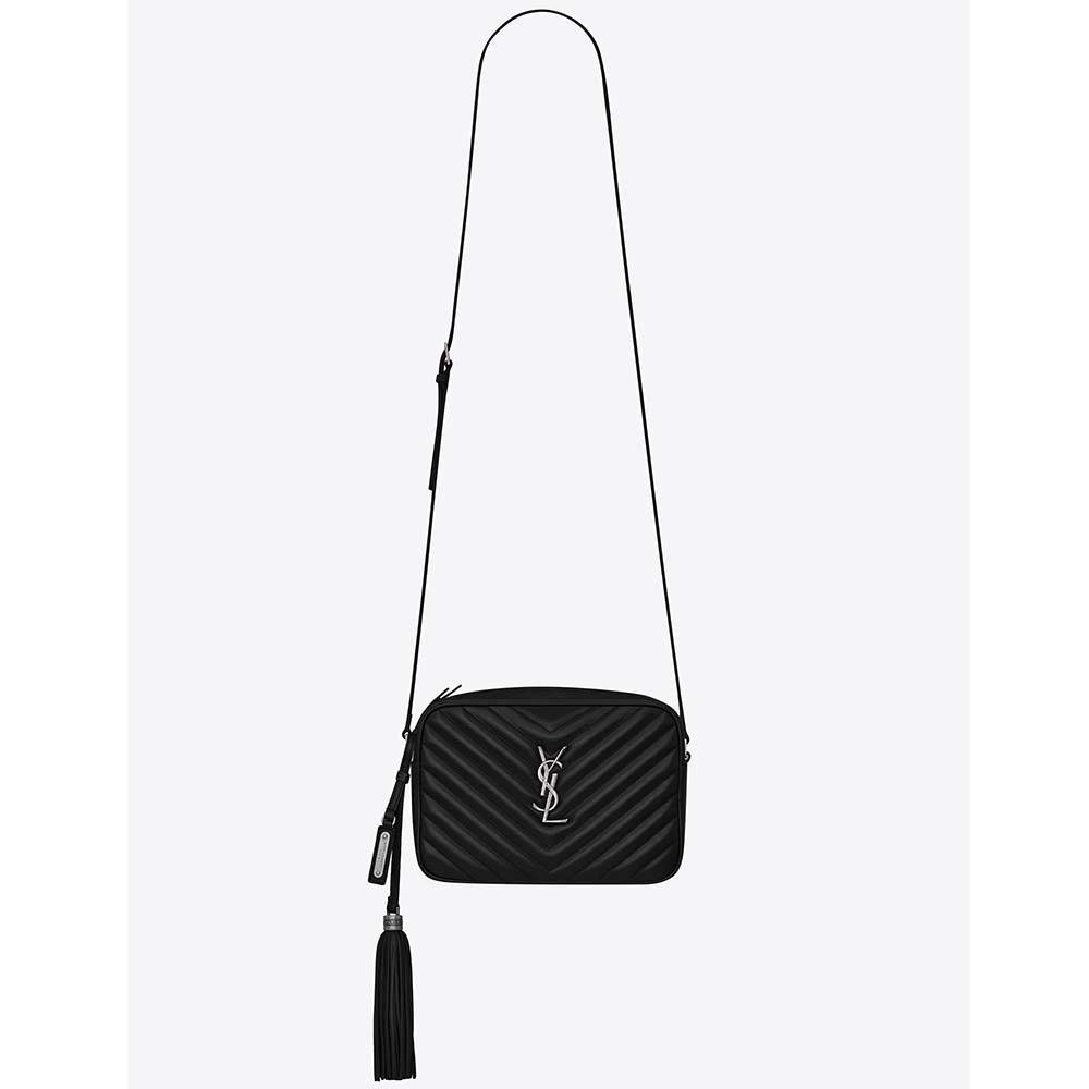 Front view of Saint Laurent YSL Women Lou Camera Bag Matelasse Leather-Silver in black