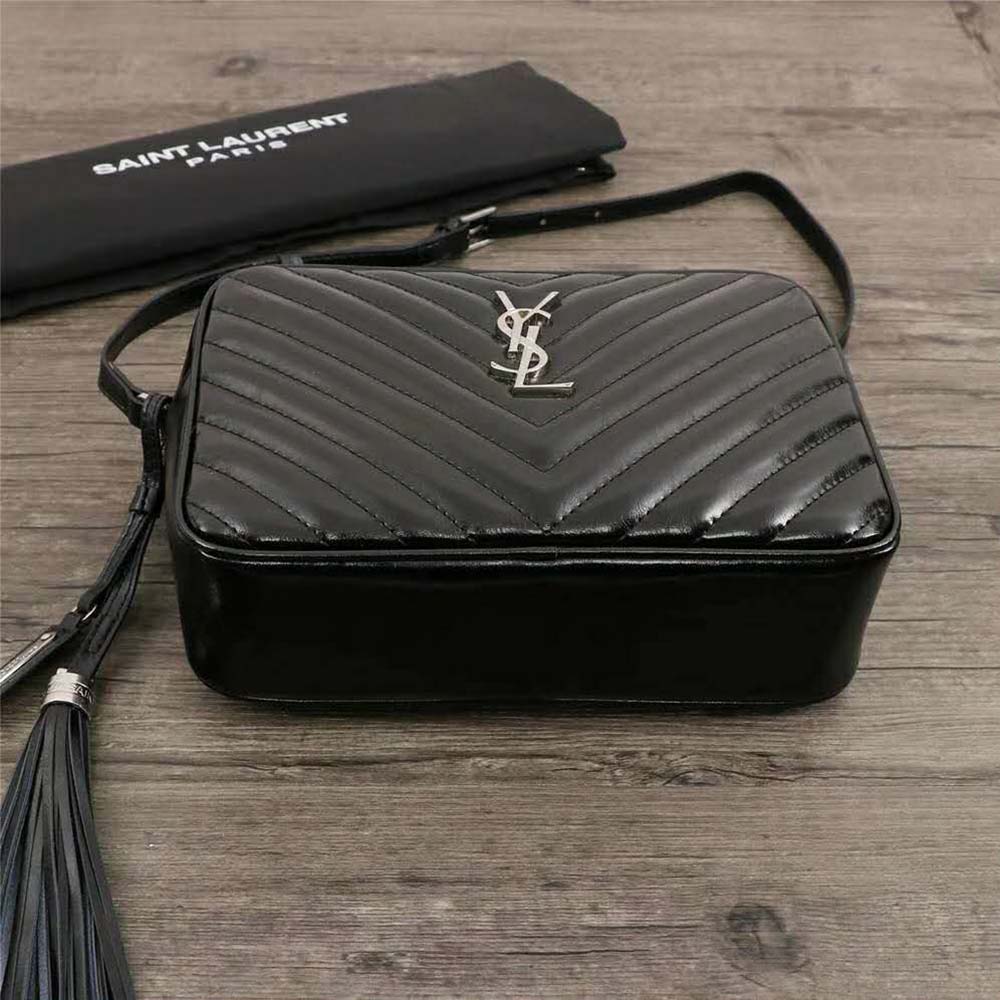 Side angle showing quilted matelassé leather texture on Saint Laurent YSL Camera Bag