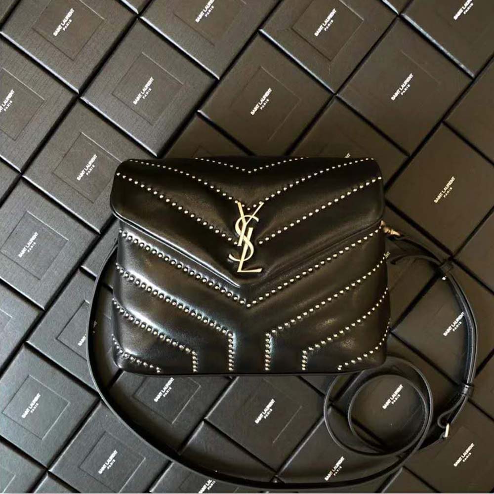 Side view showing silhouette of Saint Laurent YSL Women Loulou Medium Leather and Studs-Black
