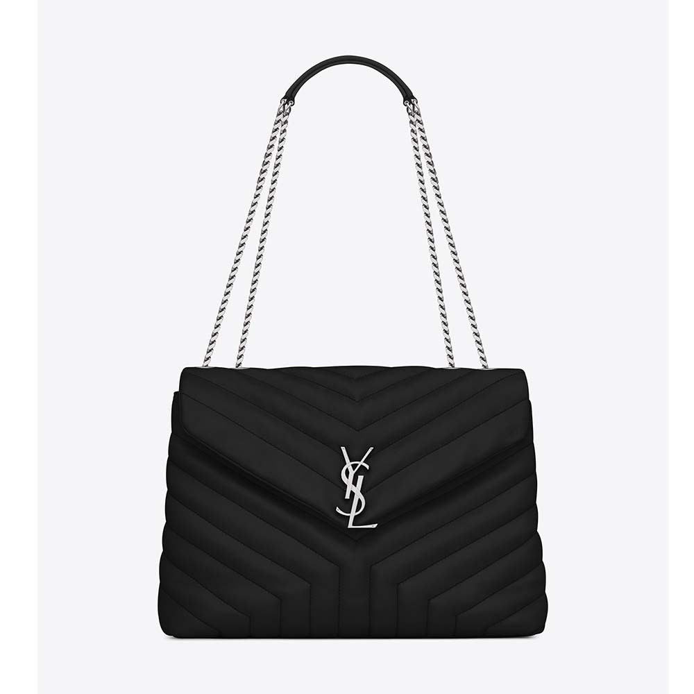 Front view of Saint Laurent YSL Women Loulou Medium Matelasse Y Leather-Black