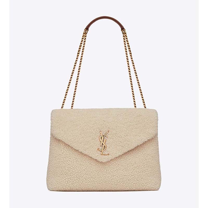 Front view of Saint Laurent YSL Women Loulou Medium in Shearling-White bag