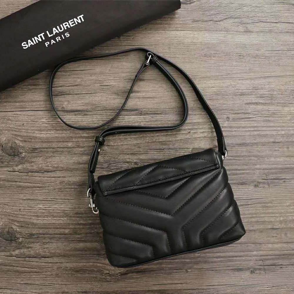 Side angle showing adjustable strap of Saint Laurent YSL Women Loulou Small Matelasse Y Leather-Black