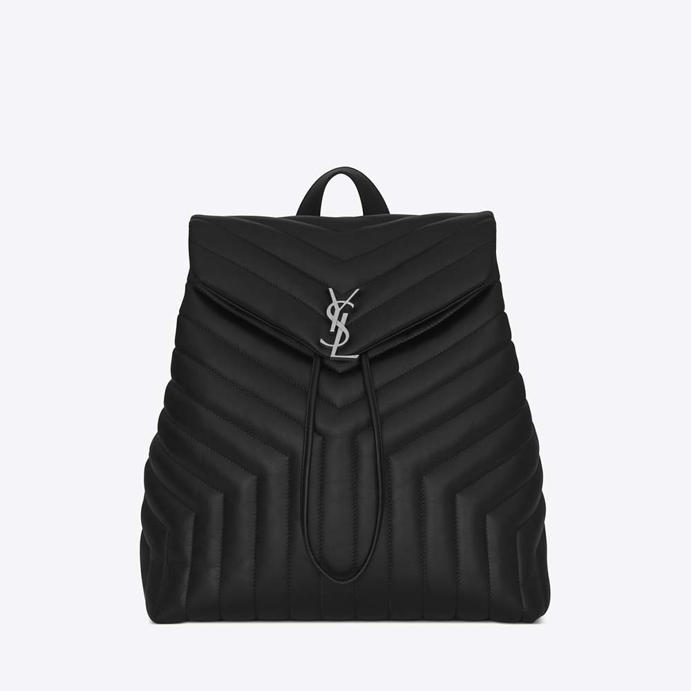 Front angle of Saint Laurent YSL Women Medium Loulou Backpack Black Y Matelass