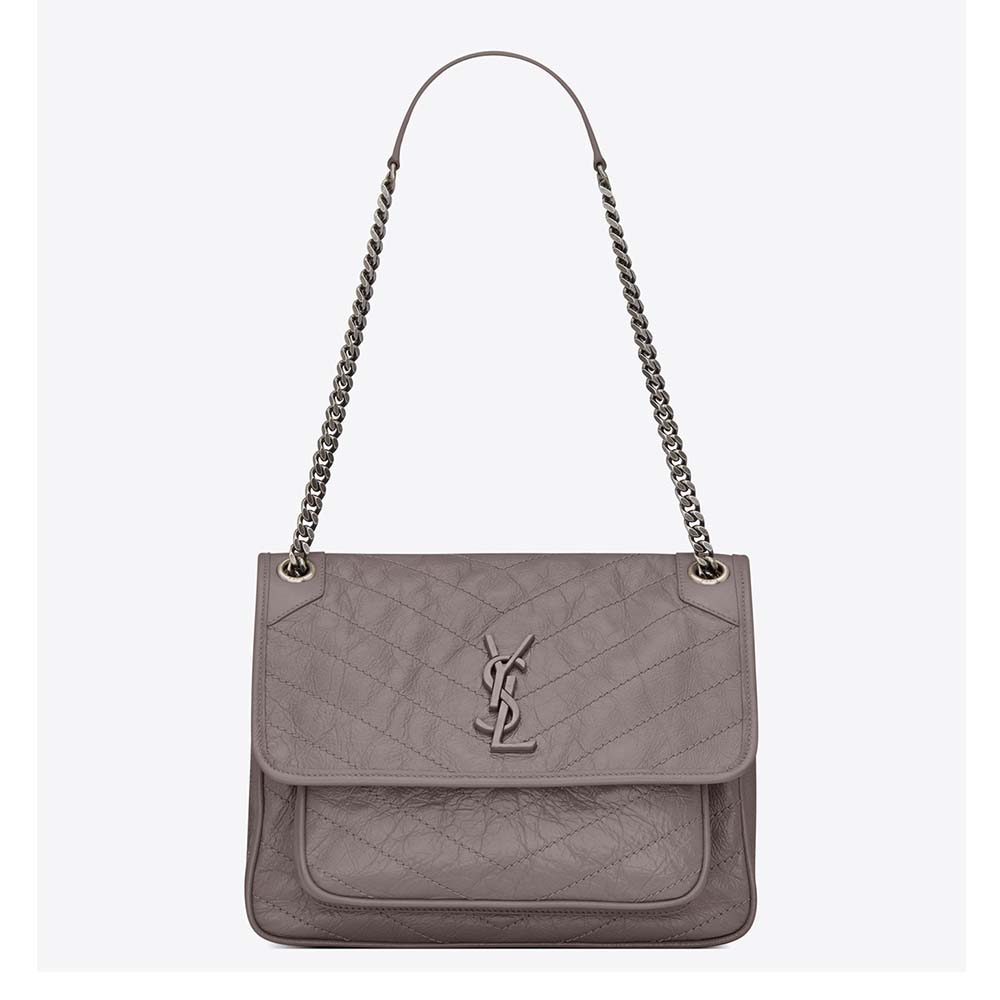 Front view of Saint Laurent YSL Women Medium Niki Chain Crinkled Quilted Fog
