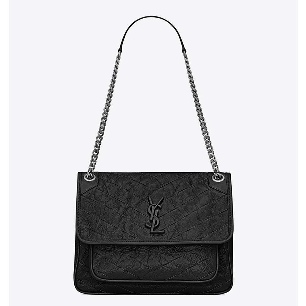 Front view of Saint Laurent YSL Women Medium Niki Chain Crinkled Quilted Fog-Black bag
