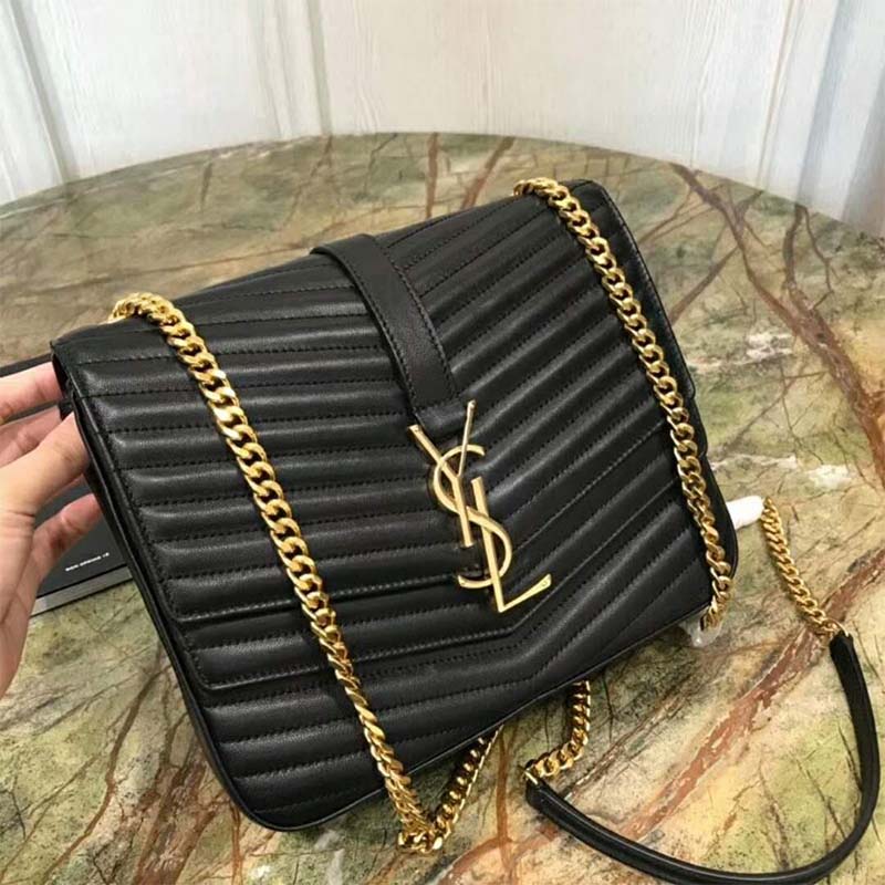 Side angle showing silhouette and flap closure of Saint Laurent Medium Sulpice bag