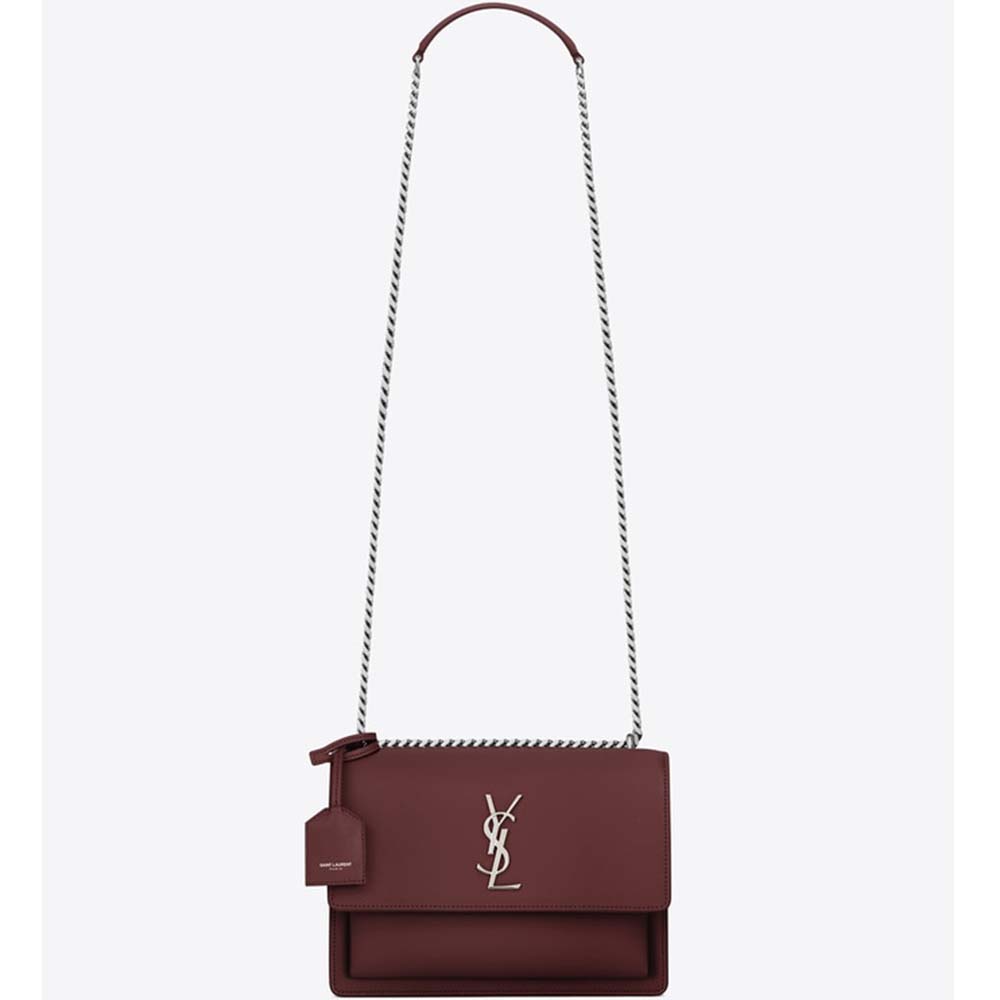 Front view of Saint Laurent YSL Women Medium Sunset Bag Calfskin Leather-Maroon