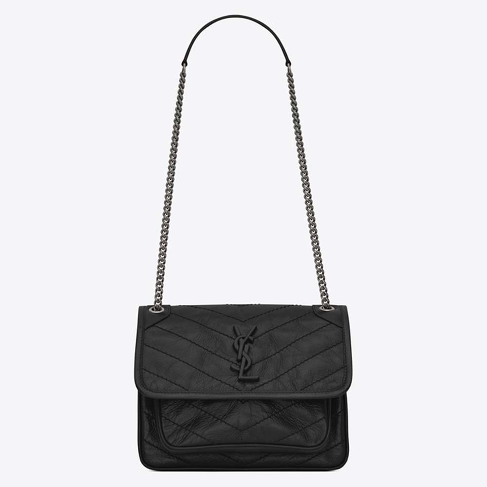 Front view of Saint Laurent YSL Women Niki Baby Crinkled Vintage Bag-Black