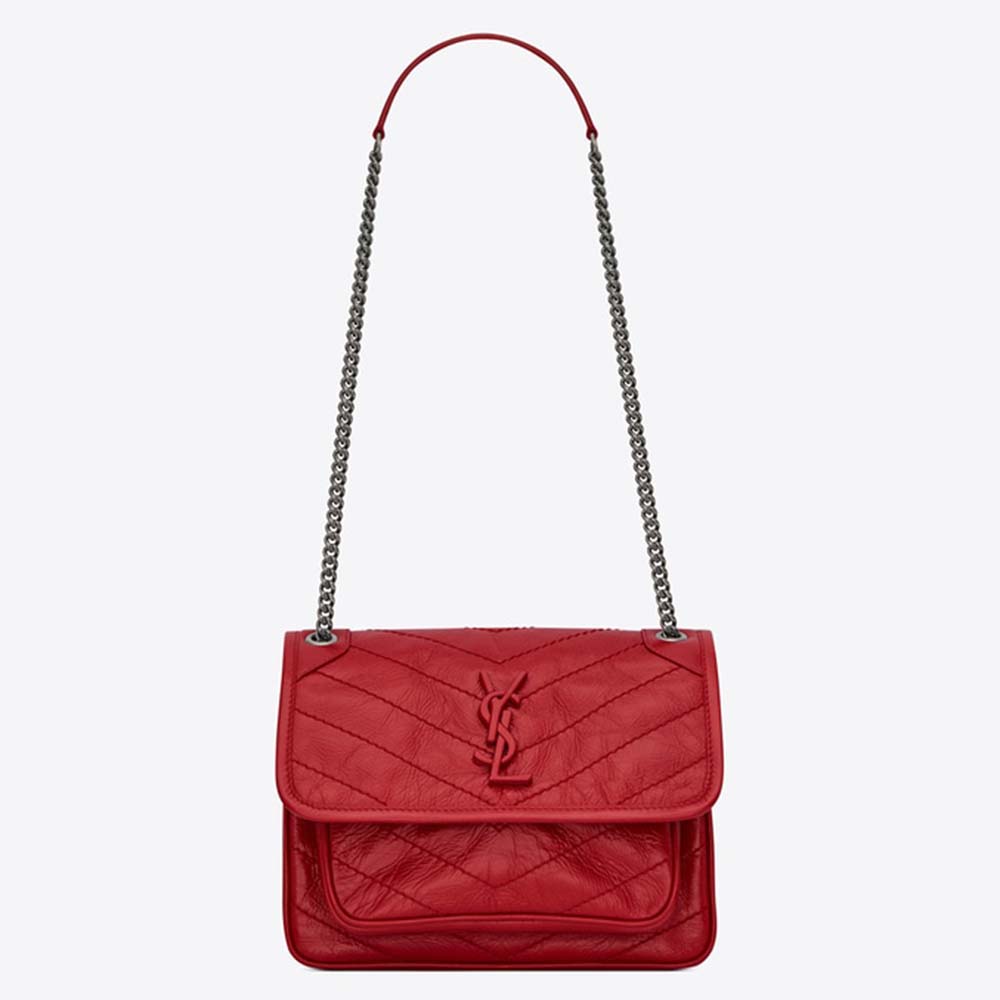 Front view of Saint Laurent YSL Women Niki Baby Crinkled Vintage Bag-Red