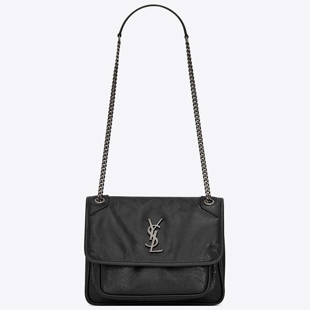 Front view of Saint Laurent YSL Women Niki Baby in metallic black leather