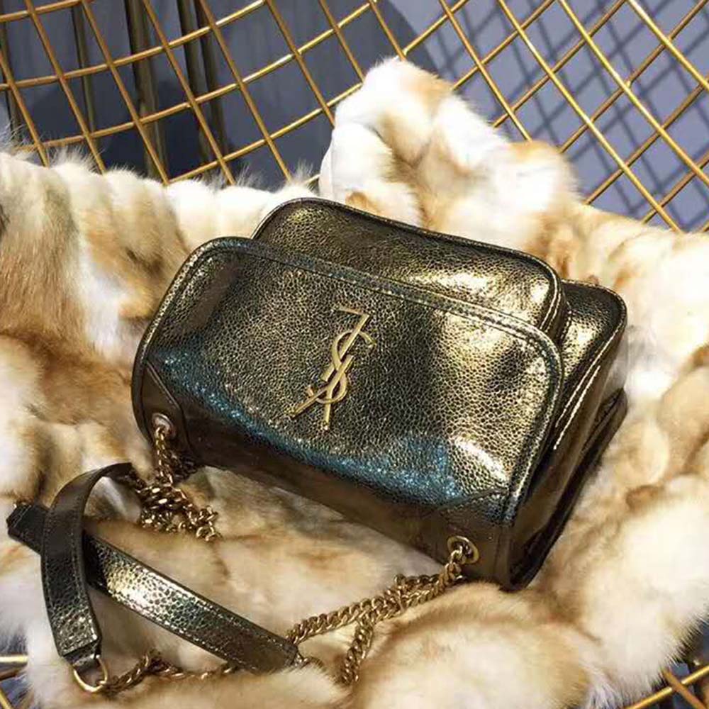 Side shot showcasing antique gold hardware on Saint Laurent YSL Women Niki Baby
