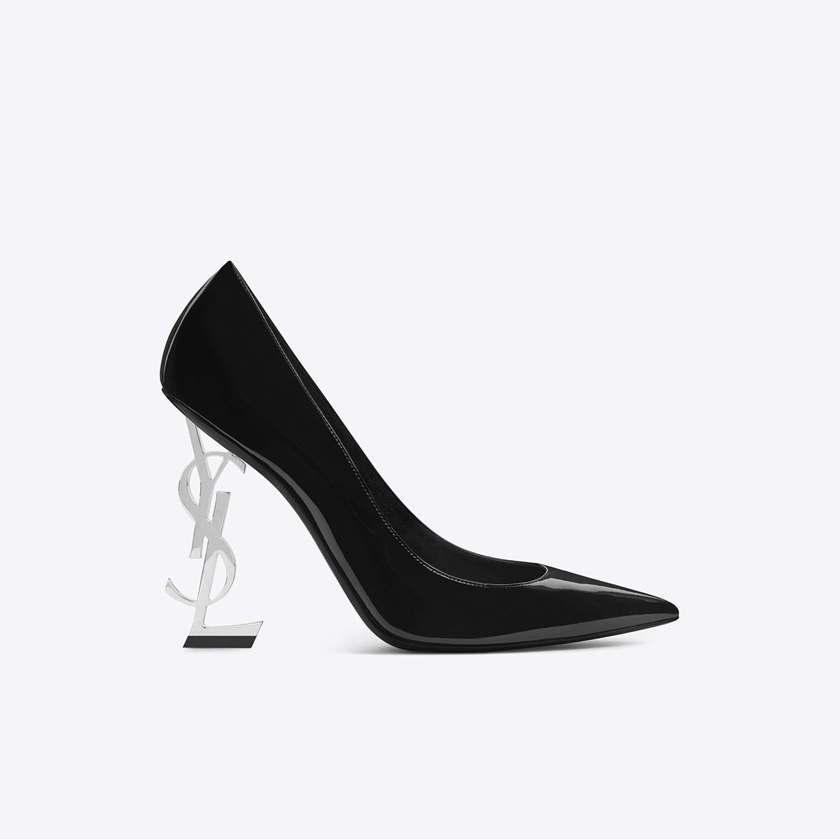 Side view of Saint Laurent YSL Women Opyum 110 Pump Black Patent Leather-Silver