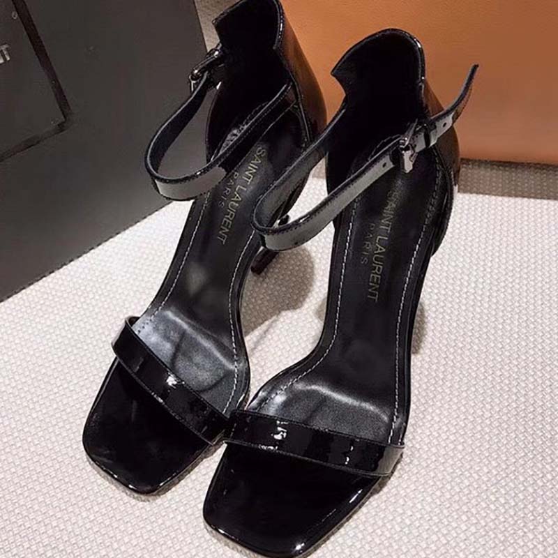 Top view of Saint Laurent YSL Women Opyum 110 Sandals Patent Leather-Black with buckle