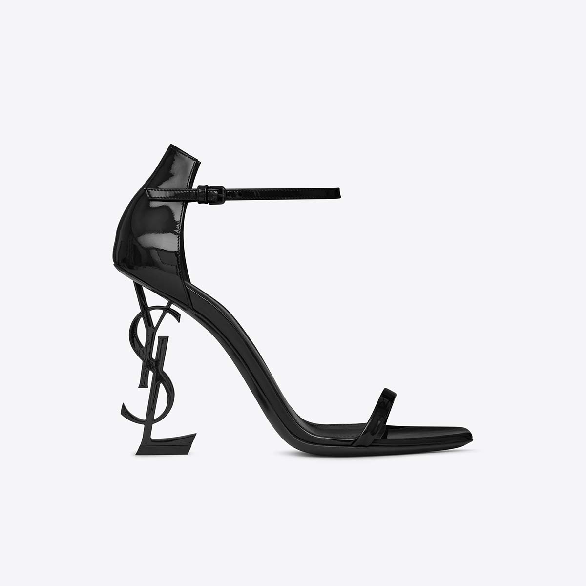 Side angle of Saint Laurent YSL Women Opyum 110 Sandals Patent Leather-Black showing heel