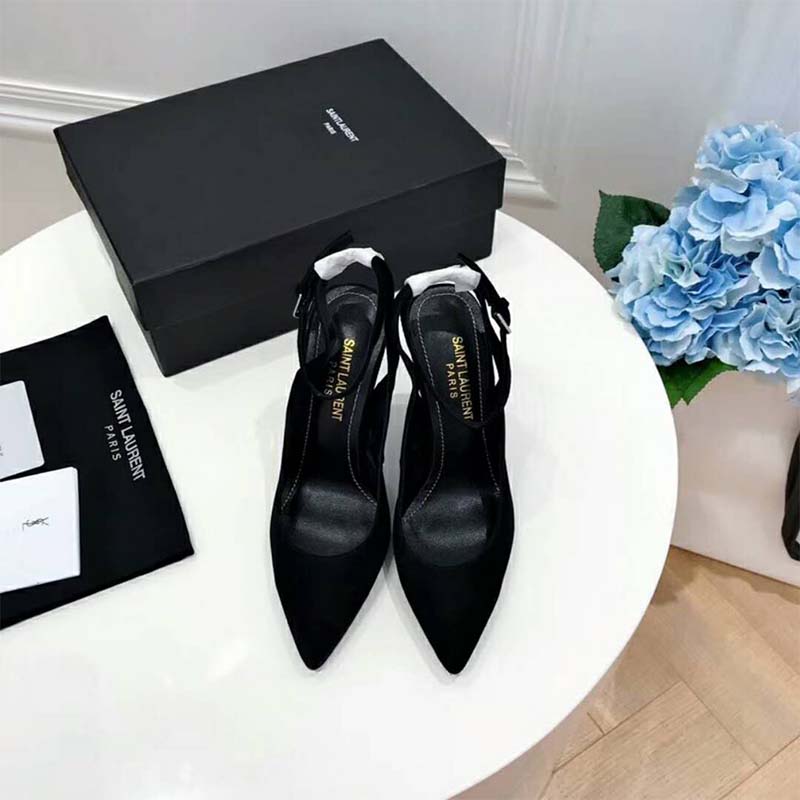 Top-down view showcasing black suede and slingback strap of Saint Laurent Opyum Pump